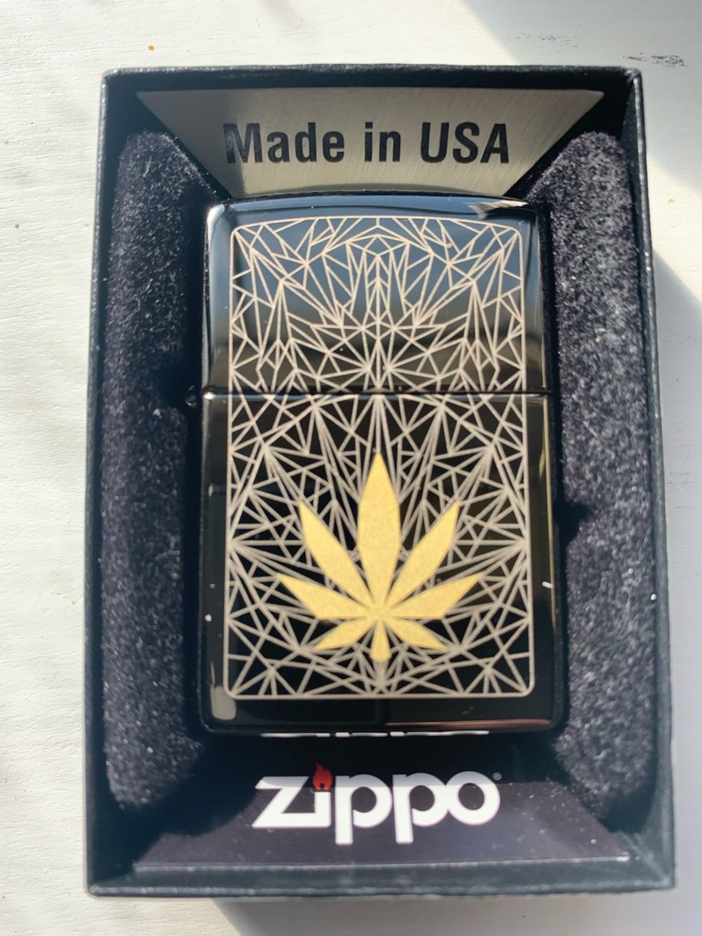 New ZIPPO Black Ice Laser-Etched “Cannabis Leaf And Geometric Pattern”